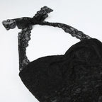 Elegant Lace Flora Halter Crop Top With Sheer Panel Lightweight Sleeveless Tank