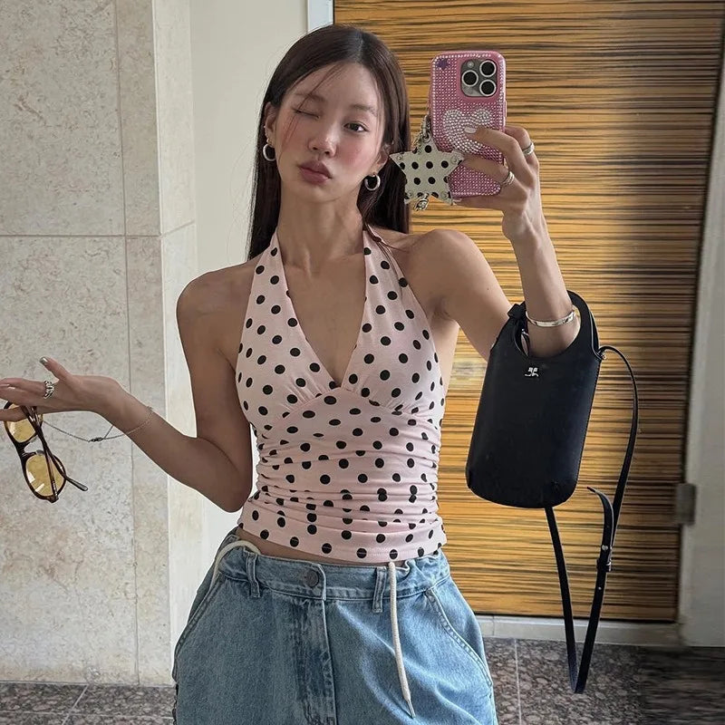 Polka Dot Off Shoulder Backless Camisole Tank Top