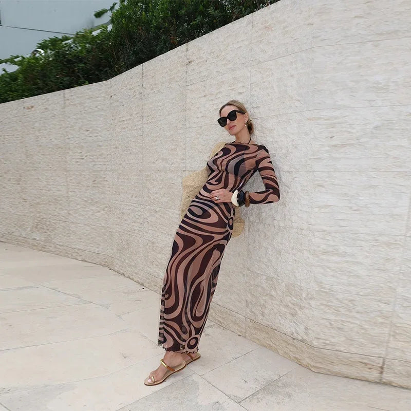 Sheer Mesh Body con Maxi Dress With Print
