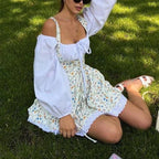 Floral Patchwork Mini Dress With Off Shoulder Square Collar Two Piece Look A Line