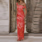 Elegant Floral Mesh Maxi Dress Sleeveless With Slash Collar