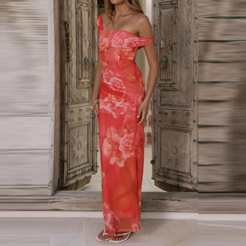 Elegant Floral Mesh Maxi Dress Sleeveless With Slash Collar