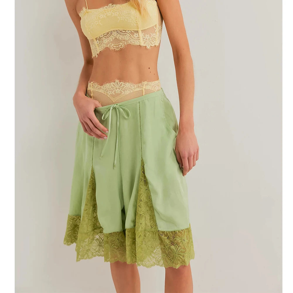 Y2K Lace Floral Bloomers Midi Pants With Silk Satin Patchwork Ruffles