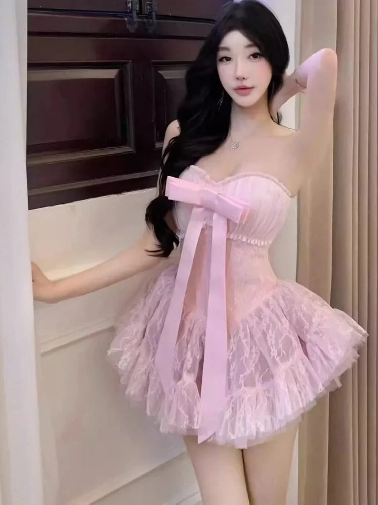 Pastel Pink Bow Mini Tube Top Dress Fairy Princess Aesthetic