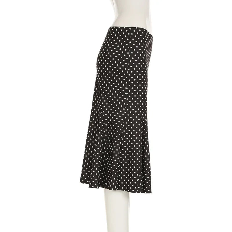 Black Polka Dot Print Midi Skirt With Low Waist Lightweight Knit