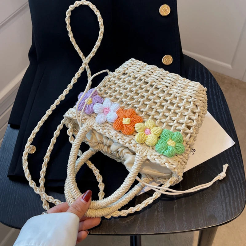 Straw Woven Shoulder Bag With Floral Details