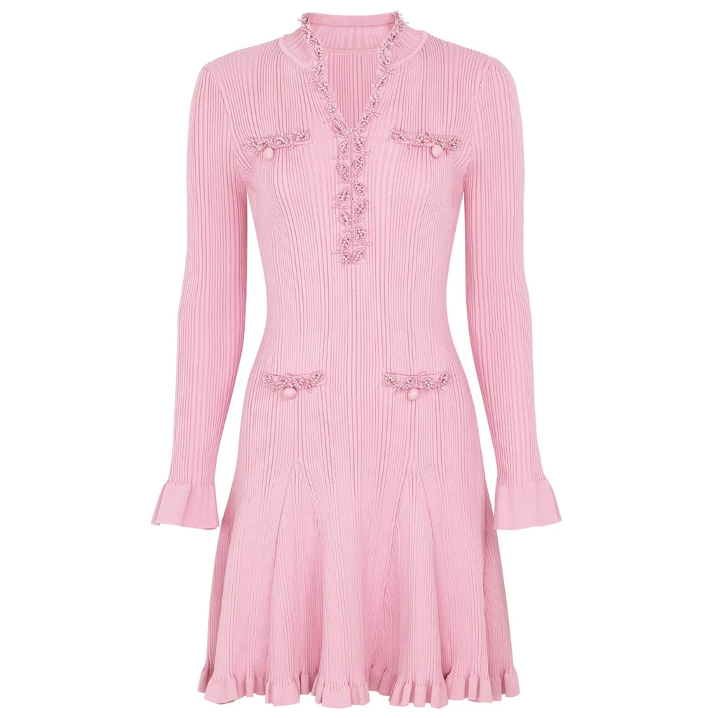 Pearl Beaded Knit Dress With Flare Sleeves And V Neck