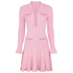 Pearl Beaded Knit Dress With Flare Sleeves And V Neck