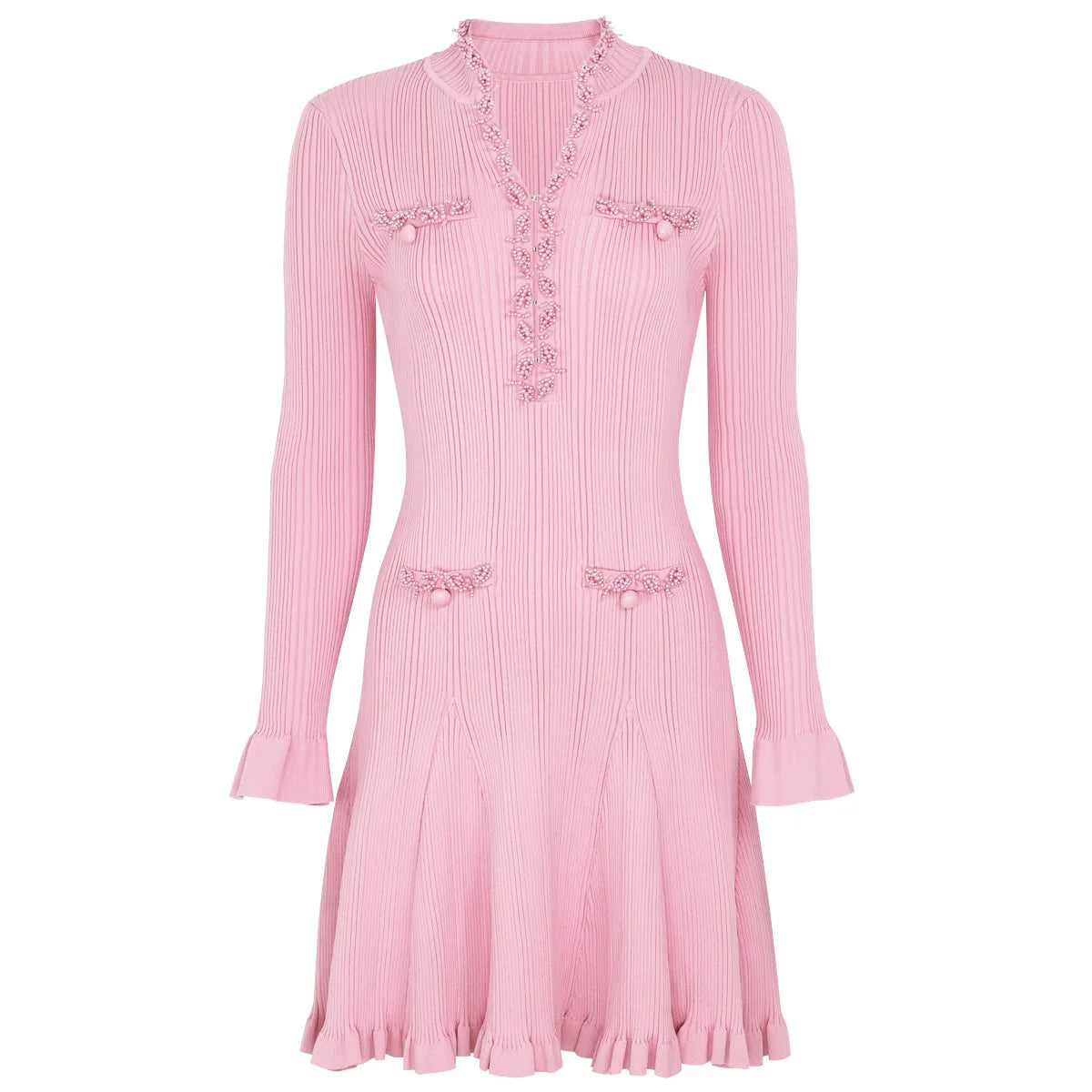 Pearl Beaded Knit Dress With Flare Sleeves And V Neck