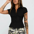 Vintage Plaid Button Down Shirt For Women Short Sleeve Blouse