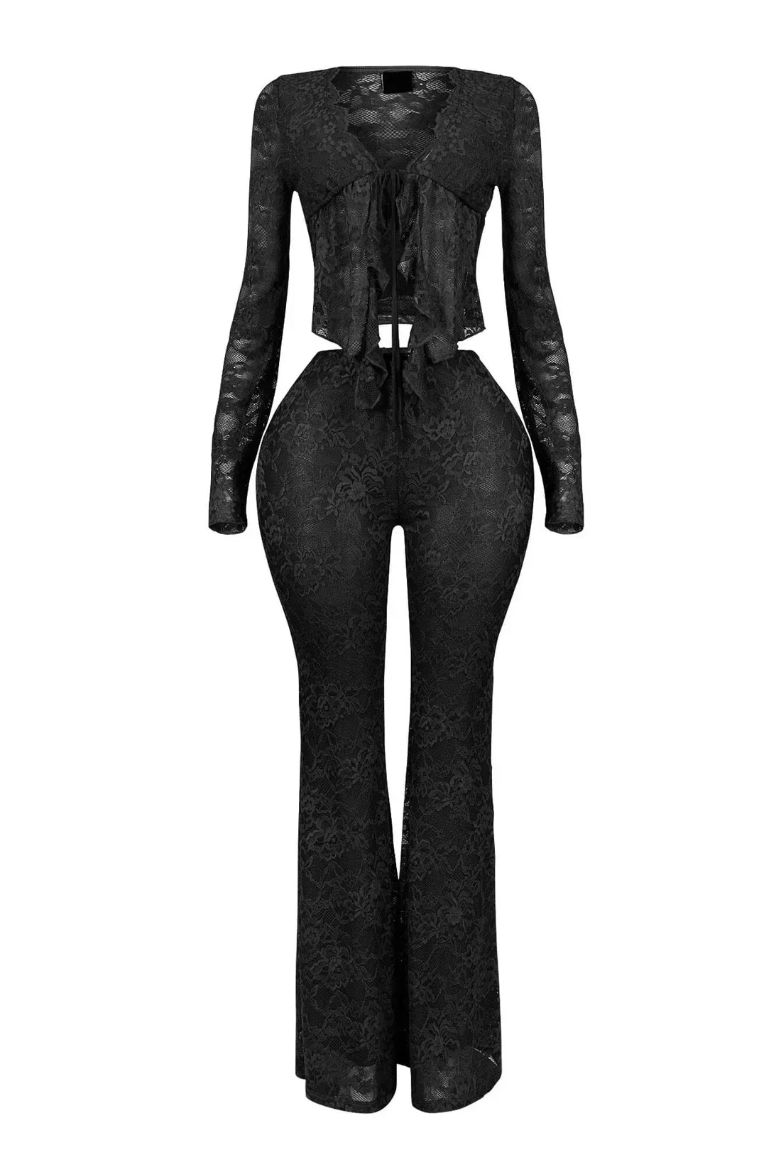 See Through Lace Set With Long Sleeve Top And Pants