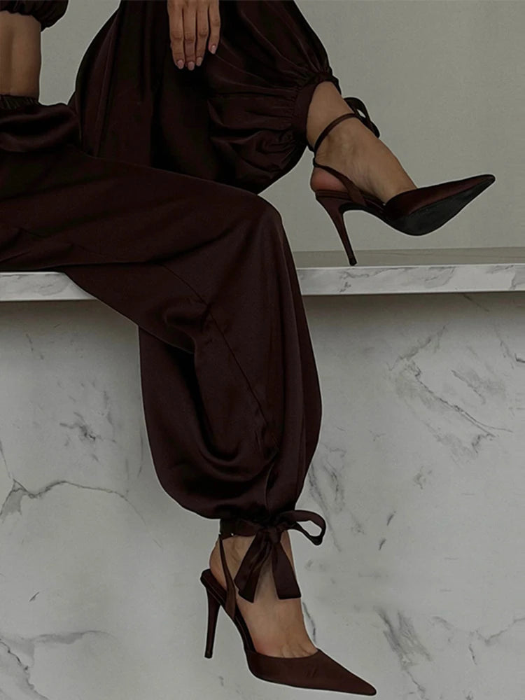 Women's Trousers 2 Pcs Suits Pleated Spaghetti Strap Cropped Tube Tops Elastic Waist Lace Up Pants