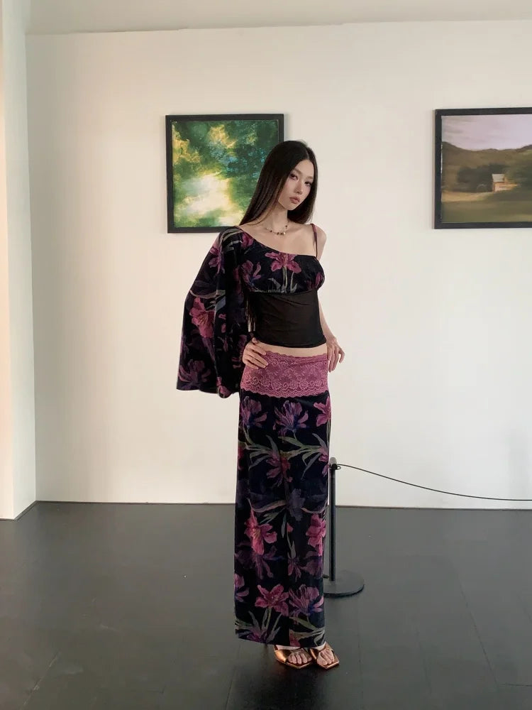 Floral Vintage Velour Off Shoulder Two Piece Set