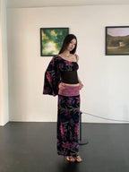 Floral Vintage Velour Off Shoulder Two Piece Set