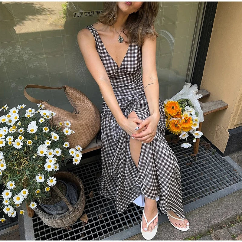 Polka Dot Pleated Maxi Dress With Slit V Neck Off Shoulder Sleeveless Evening Wear