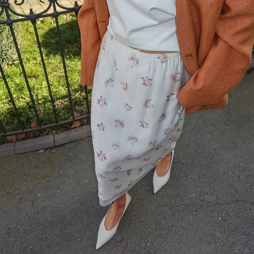 Vintage Mesh High Waist Long Skirt With Print And Bow Detail