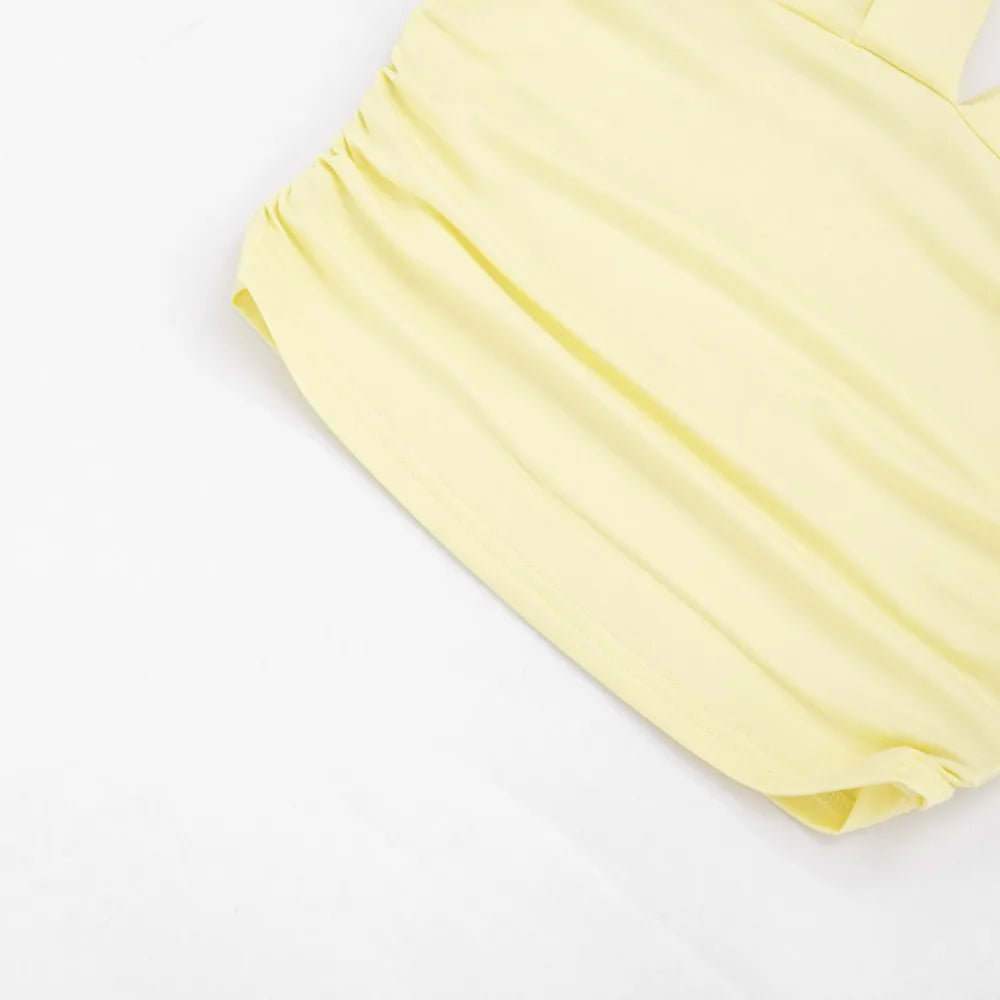 Two Piece Solid Color Set With Deep V Neck Ruched Crop Top And Capri Pants