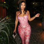 Paisley Print Backless Halter Crop Top Two Piece Set With Lace Up Detail And Skinny Pants