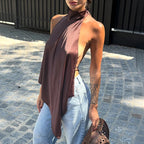 Backless Hollow Out Halter Tank Top With Pleated Detail