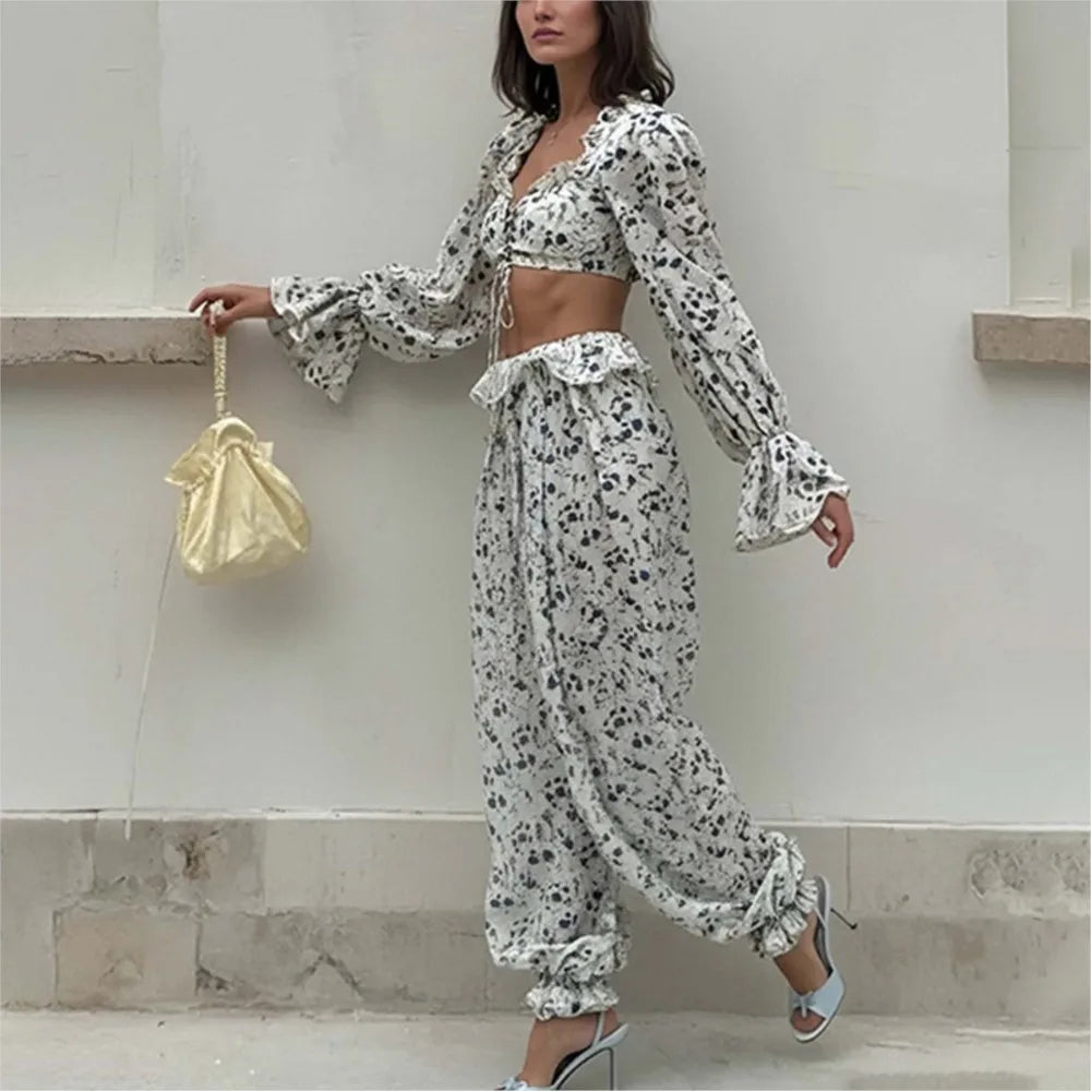 Breezy Ruffle Set With Lightweight Top And Flowing Trousers Casual Style