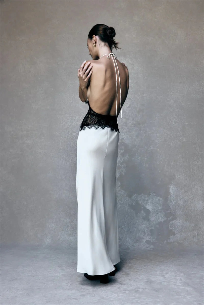 Backless Maxi Gown With Patchwork Lace Halter Neck Deep V And High Waist Elegance