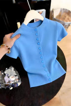 Oceanic Blue Lightweight Knit Cardigan For Women With Breezy Short Sleeves And Loose Fit Layering