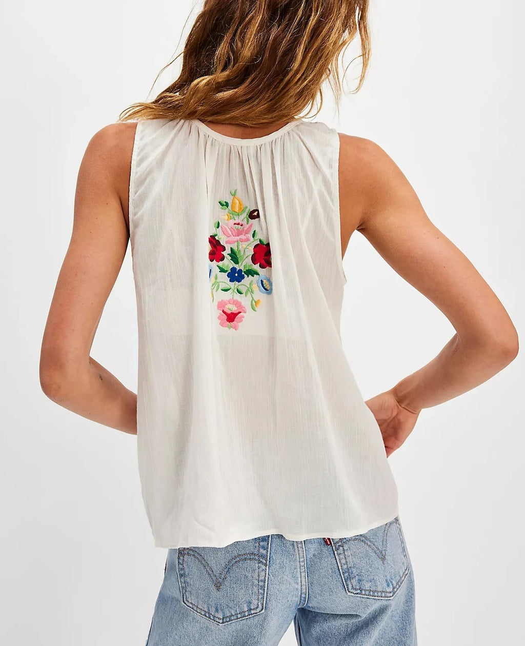 Cotton Floral Embroidered Tank Top Sleeveless Blouse