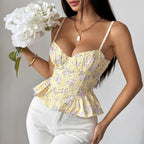 Floral Print Coquette Crop Corset Top With Spaghetti Straps And Ruffle Hem