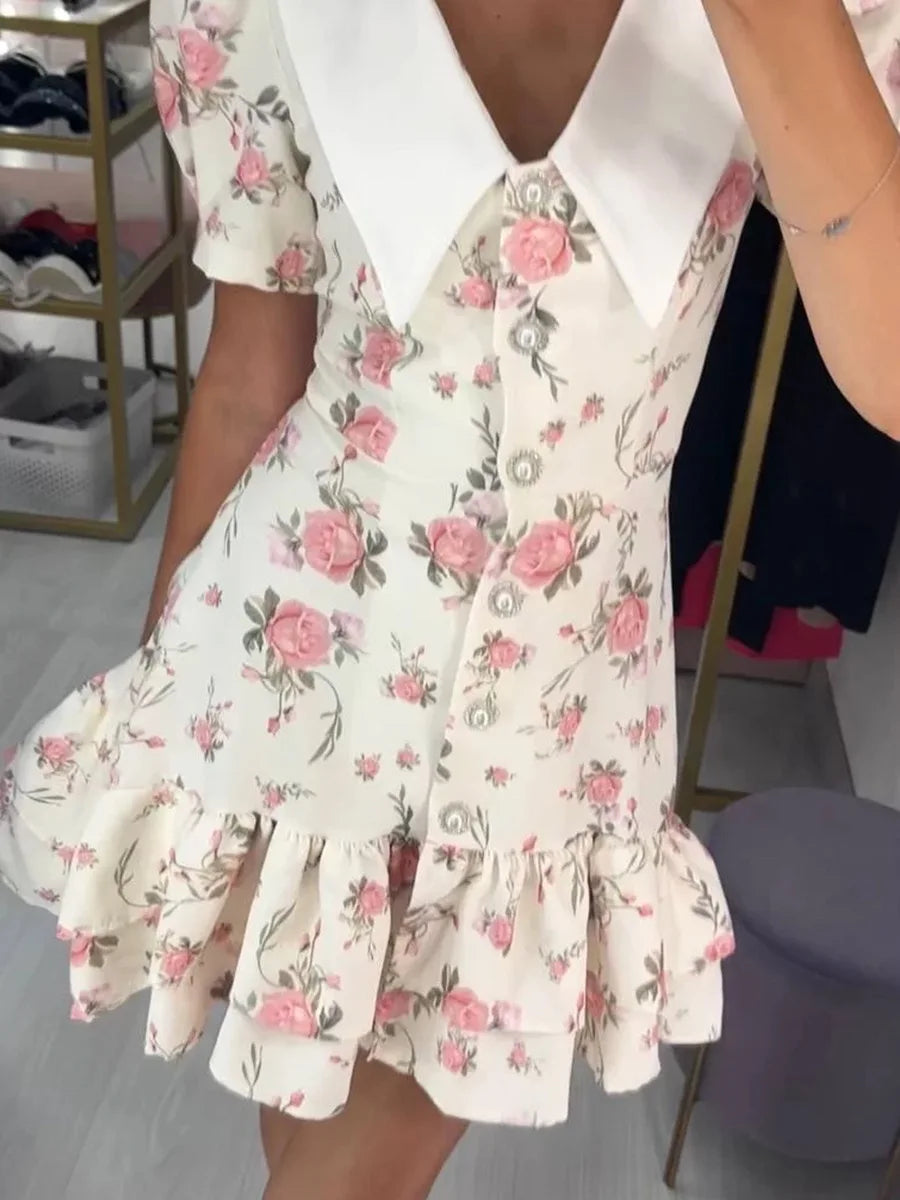 Puff Sleeves Ruffled Mini Dress With Pearl Buttons