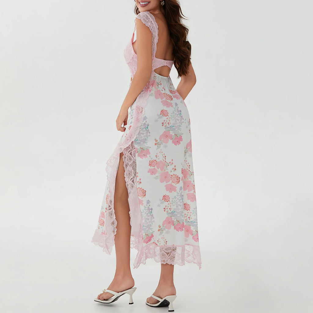 Floral Lace Patchwork Bodycon Dress Cutout Vneck Backless