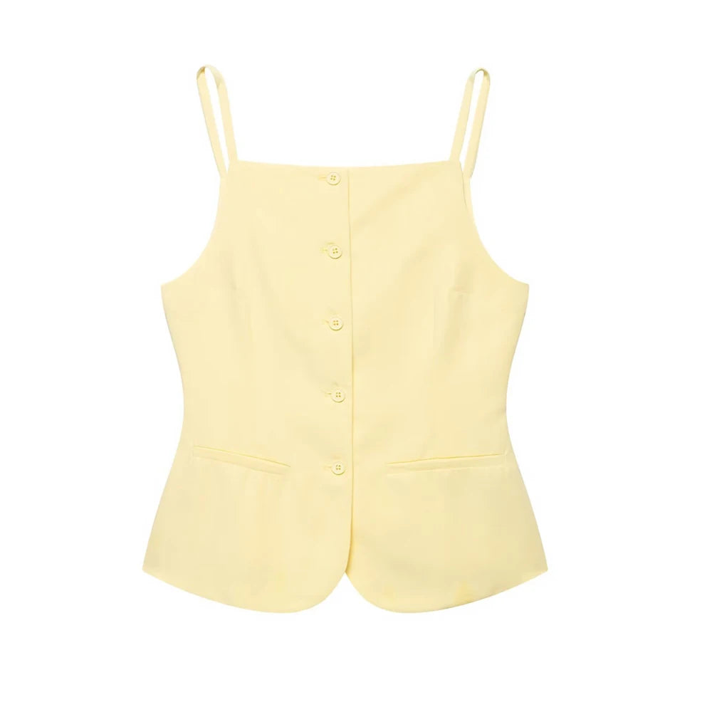 Buttoned Waistcoat Two Piece Shorts Set With Mid-Waist Pockets