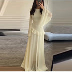 Flare Sleeve Maxi Dress With Ruffle Detail O Neck High Waist Pleated