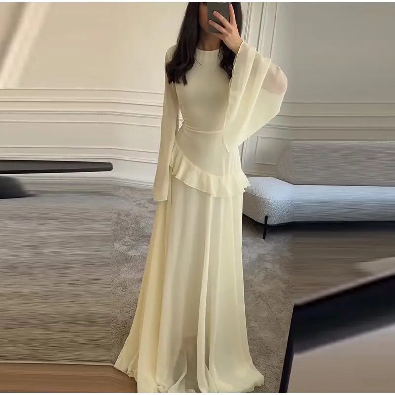 Flare Sleeve Maxi Dress With Ruffle Detail O Neck High Waist Pleated