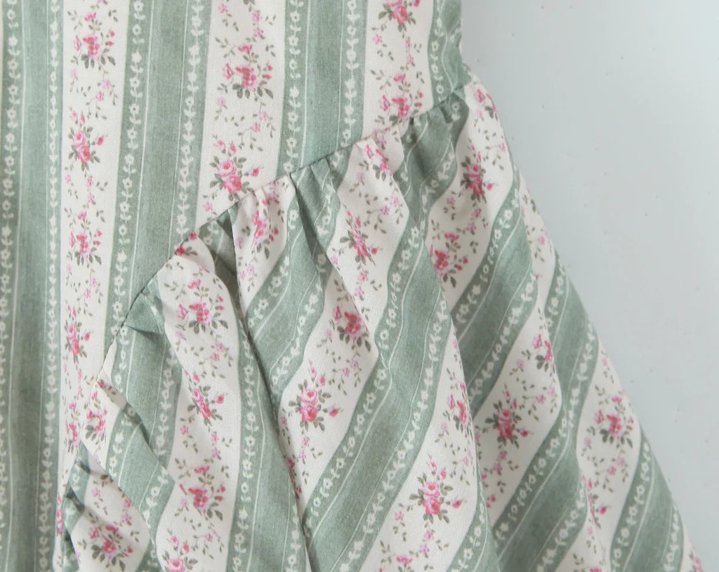 Green French Style Floral Sexy Mini Bohemian Women V-neck Striped Ruffles Dress