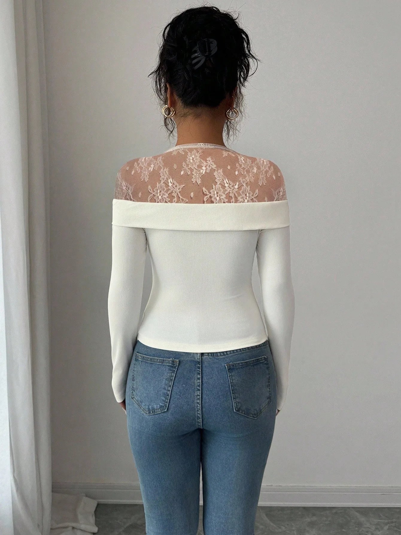 Mesh Patchwork Bodycon Top With Long Sleeve White Sleek Sexy Slim Fit