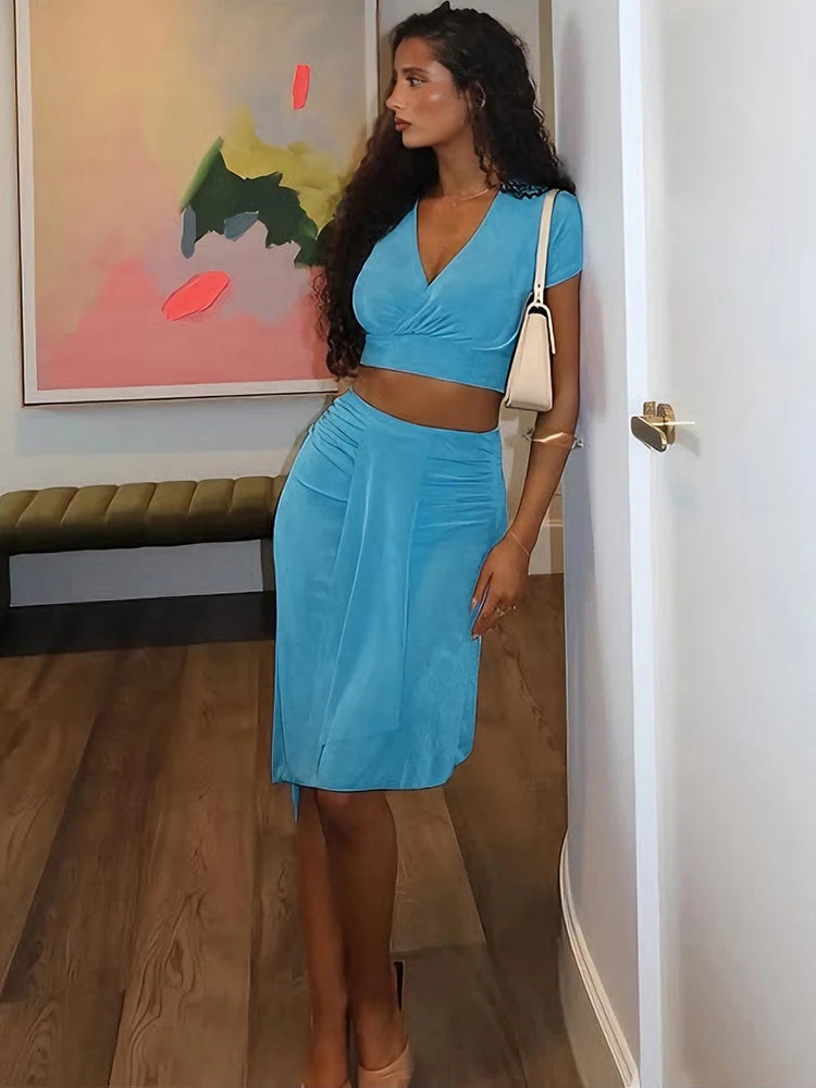 Velvet two piece Set for Women With V Neck Crop Top Ruched Ribbon Patchwork Irregular Hem