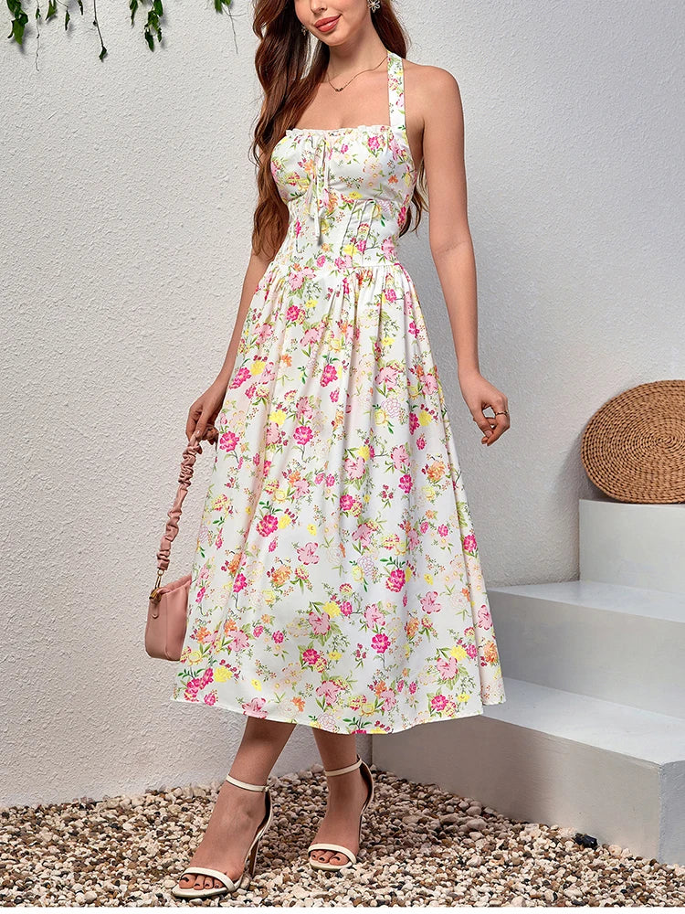 Floral Halter Midi Dress With Spaghetti Straps, Backless Corset Waist Tie Up Detail