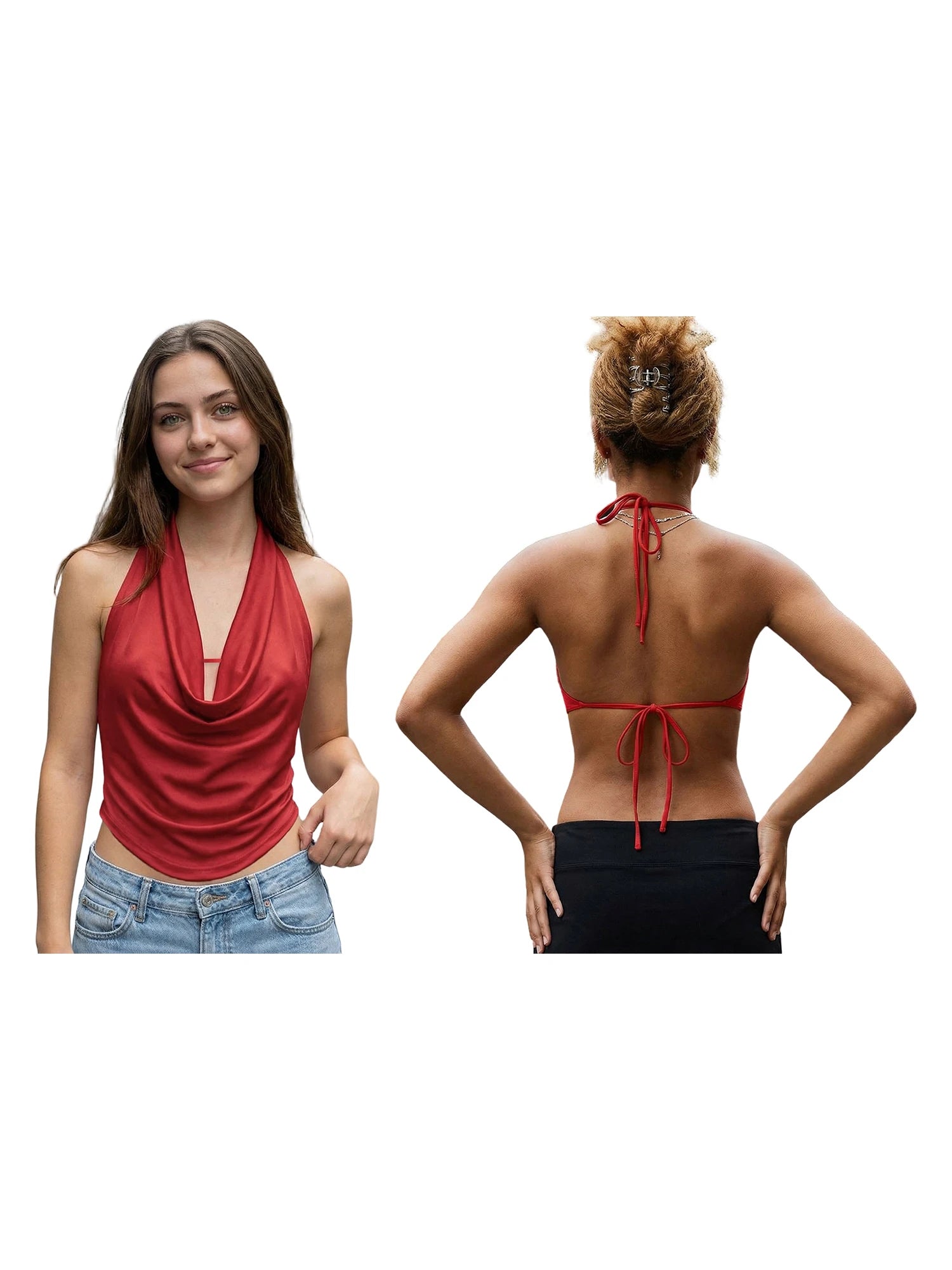 Deep Plunge Halter Crop Top With Open Back Tie Detail
