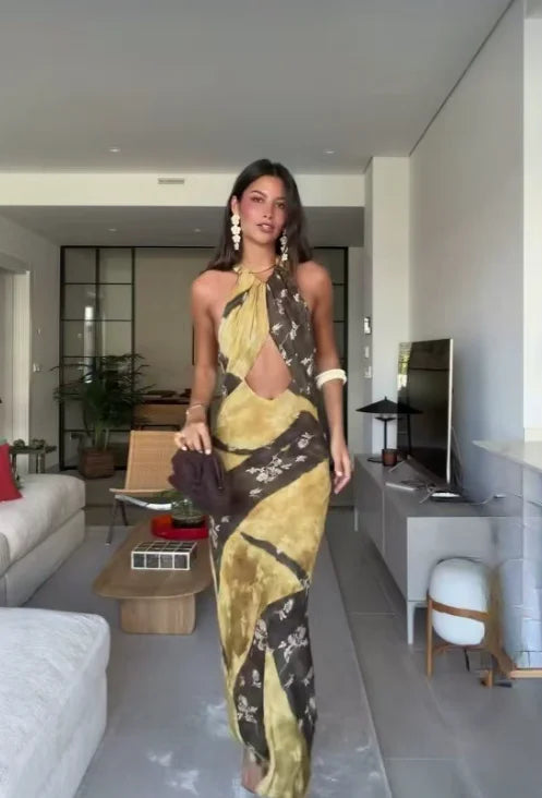 Sunny Yellow Floral Halter Maxi With Openwork Waist Vintage