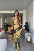 Sunny Yellow Floral Halter Maxi With Openwork Waist Vintage