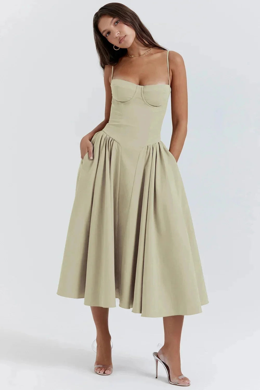 Backless Suspender Midi Dress Sleeveless A Line Style For Evening Wear