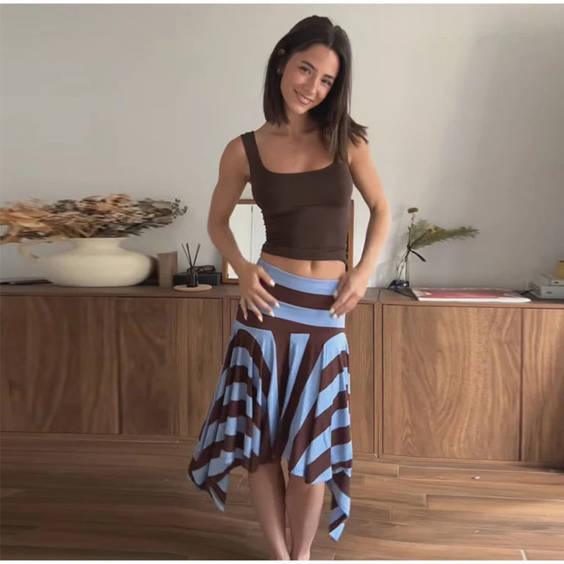 Striped Midi Skirt With Asymmetric Pleated Hem For Women Casual Style Flattering Low Rise