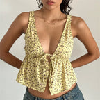 Y2K Floral Print Tie Front Tank Top for Women V Neck Sleeveless