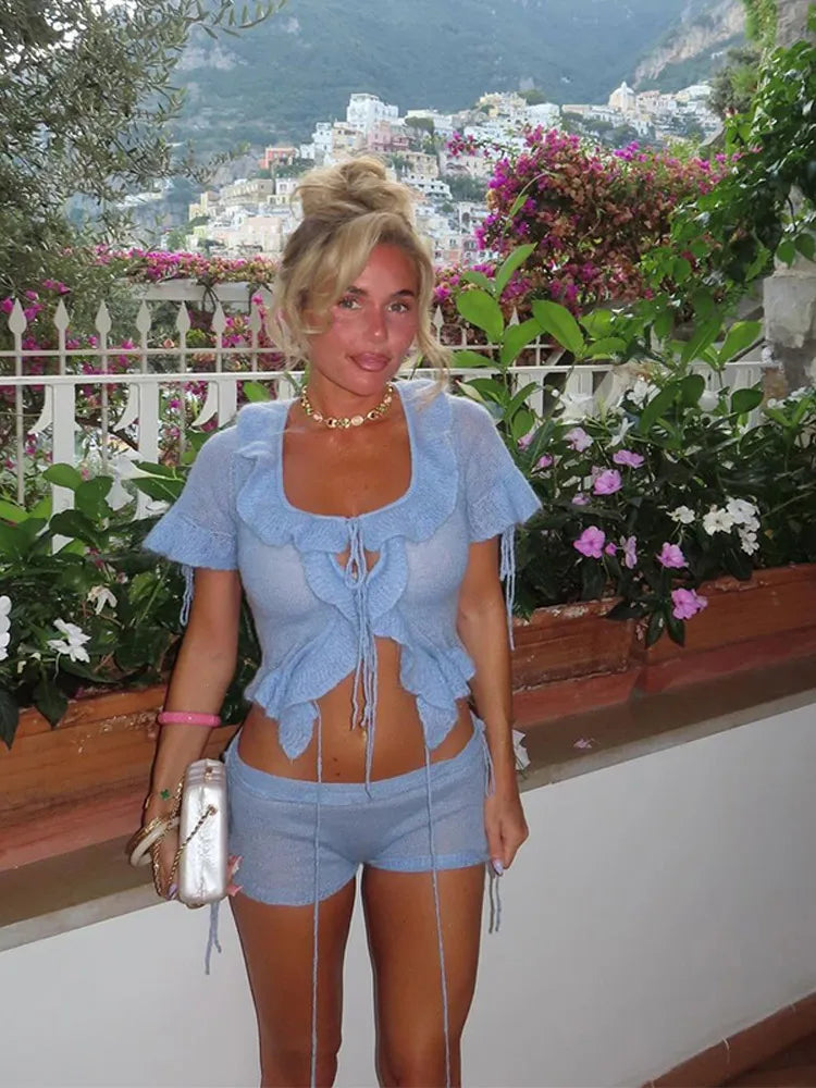 Lacework Lace Up Short Sleeve Top Slim Mini Shorts Knitted Set