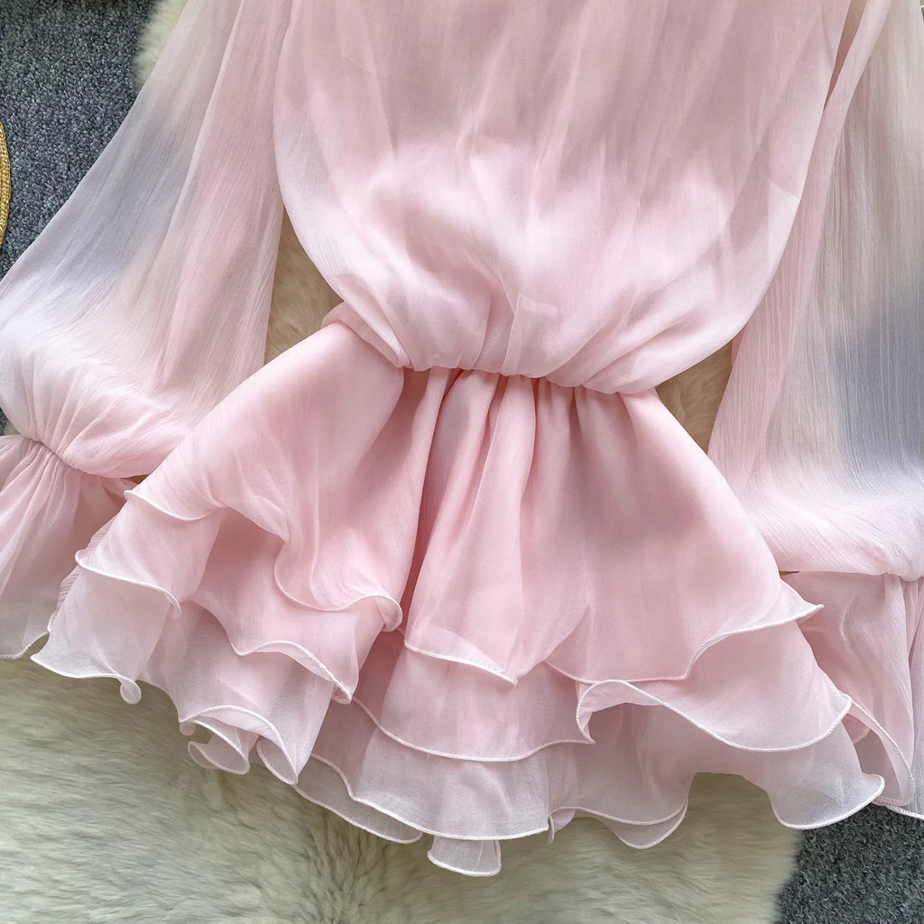 Boho 3D Floral Chiffon Sundress With Long Sleeves Lace Up Ruffle Detail