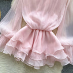 Boho 3D Floral Chiffon Sundress With Long Sleeves Lace Up Ruffle Detail