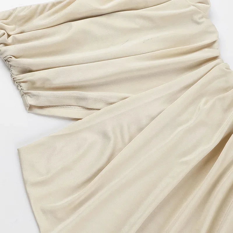 Hollow Out Shirred Strapless Maxi Dress Asymmetrical Backless Gown