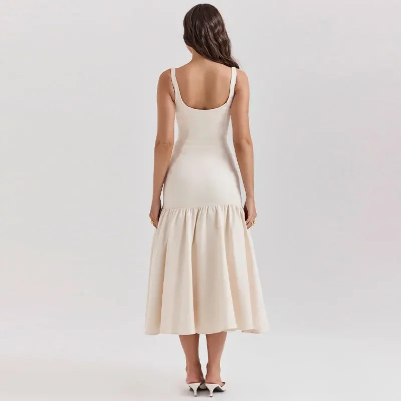 Women Ruffles Suspenders Dress Slim Solid Square Collar Sleeveless