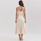 Women Ruffles Suspenders Dress Slim Solid Square Collar Sleeveless
