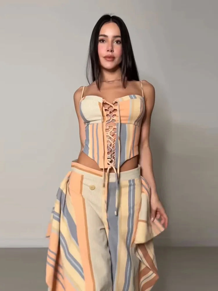 Chic Strips Pants Women Set Patchwork Slash Neck Bandage Top Pleated Asymmetry Trousers